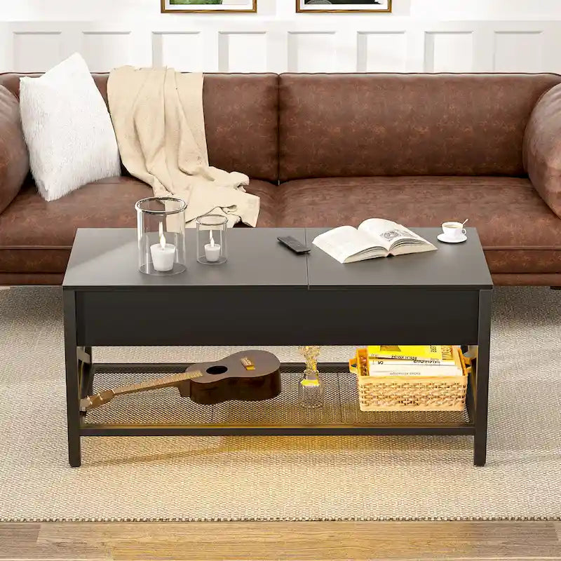 Modern Farmhouse Lift Top Coffee Table with USB Port and LED light, Living Room Accent Table