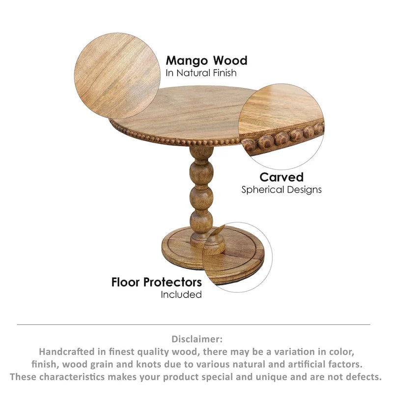 21 Inch Side End Table, Round Top, Stacked Ball Post, Natural Brown Mango Wood