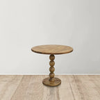 21 Inch Side End Table, Round Top, Stacked Ball Post, Natural Brown Mango Wood