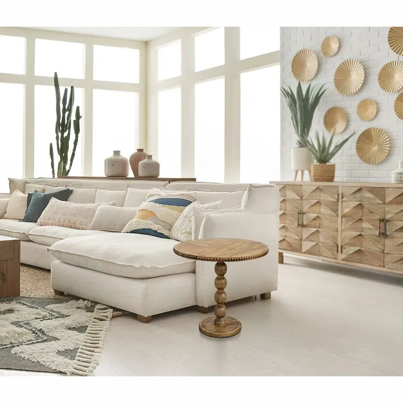 21 Inch Side End Table, Round Top, Stacked Ball Post, Natural Brown Mango Wood