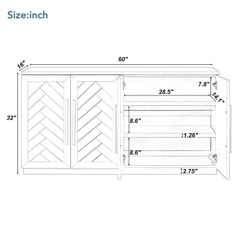 Solid Wood Sideboard with 4 Doors Large Storage Buffet Cabinet