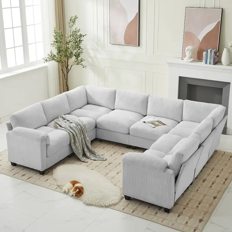 Corduroy Corner Sectional Sofas with Chaise, U-shaped Symmetrical 8-seat Modular Couch