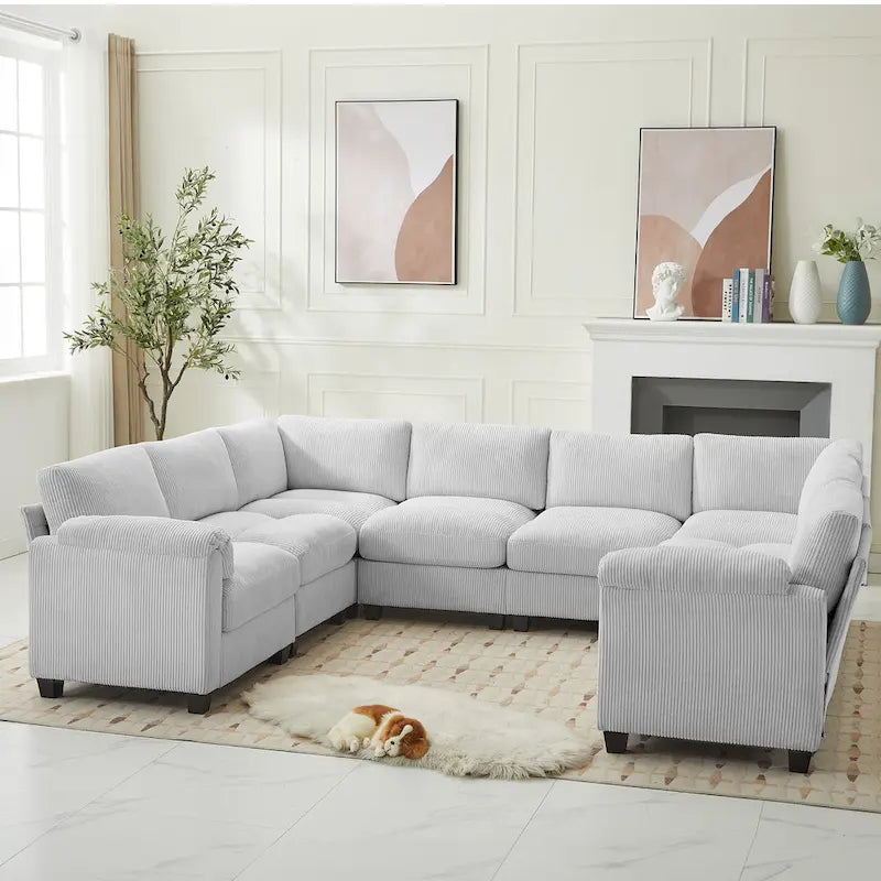 Corduroy Corner Sectional Sofas with Chaise, U-shaped Symmetrical 8-seat Modular Couch