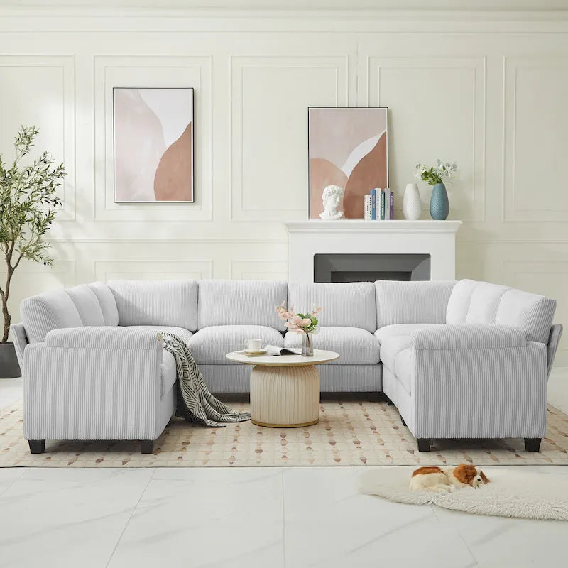 Corduroy Corner Sectional Sofas with Chaise, U-shaped Symmetrical 8-seat Modular Couch