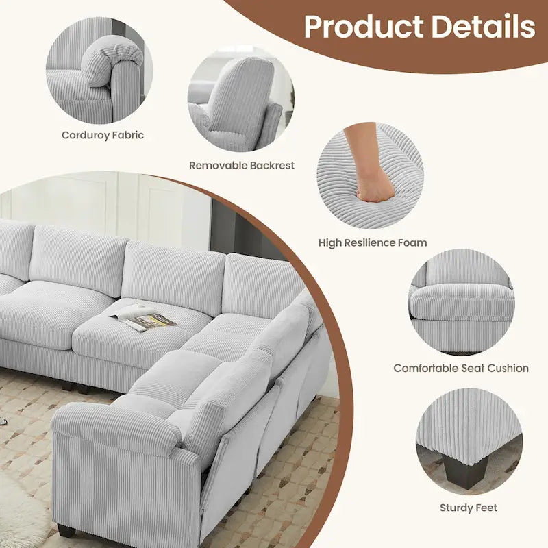 Corduroy Corner Sectional Sofas with Chaise, U-shaped Symmetrical 8-seat Modular Couch