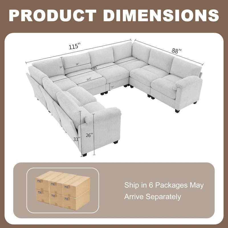 Corduroy Corner Sectional Sofas with Chaise, U-shaped Symmetrical 8-seat Modular Couch