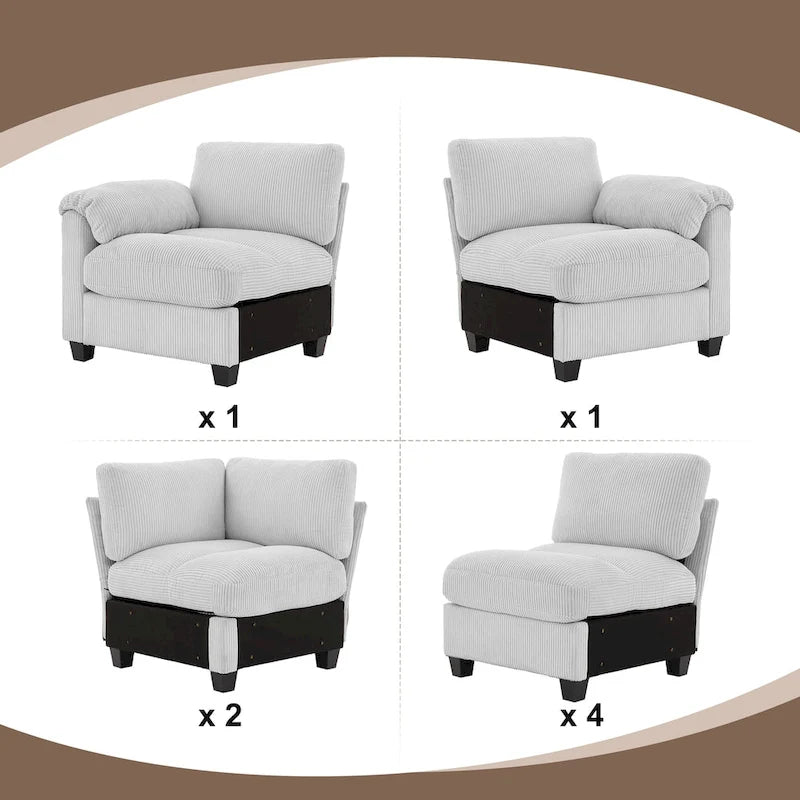 Corduroy Corner Sectional Sofas with Chaise, U-shaped Symmetrical 8-seat Modular Couch