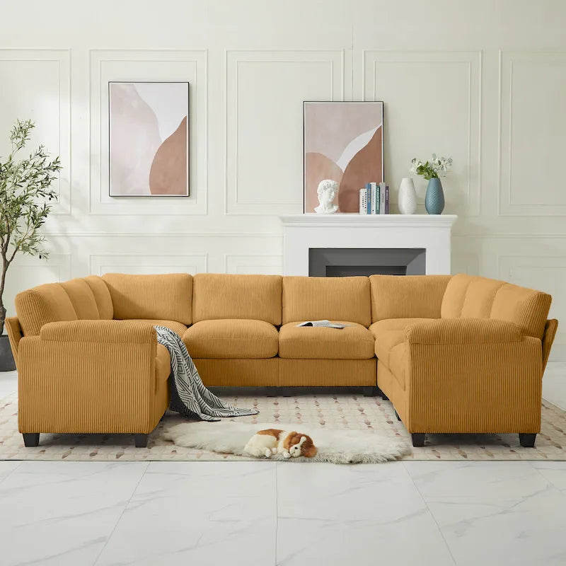Corduroy Corner Sectional Sofas with Chaise, U-shaped Symmetrical 8-seat Modular Couch
