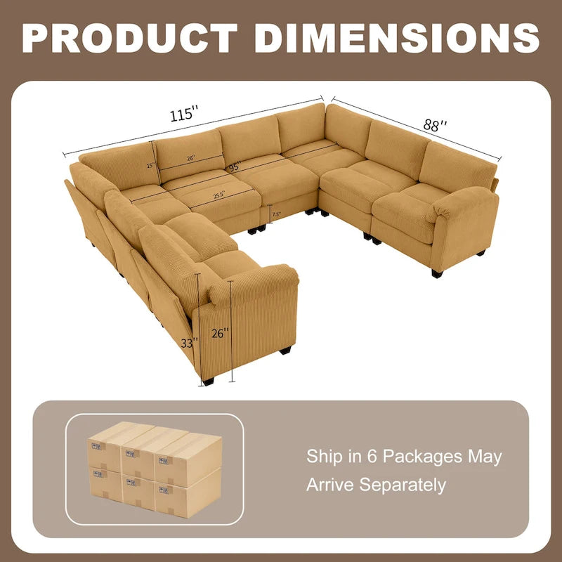 Corduroy Corner Sectional Sofas with Chaise, U-shaped Symmetrical 8-seat Modular Couch