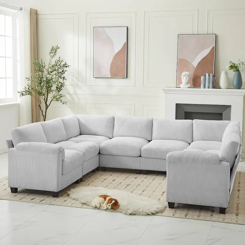 Corduroy Corner Sectional Sofas with Chaise, U-shaped Symmetrical 8-seat Modular Couch