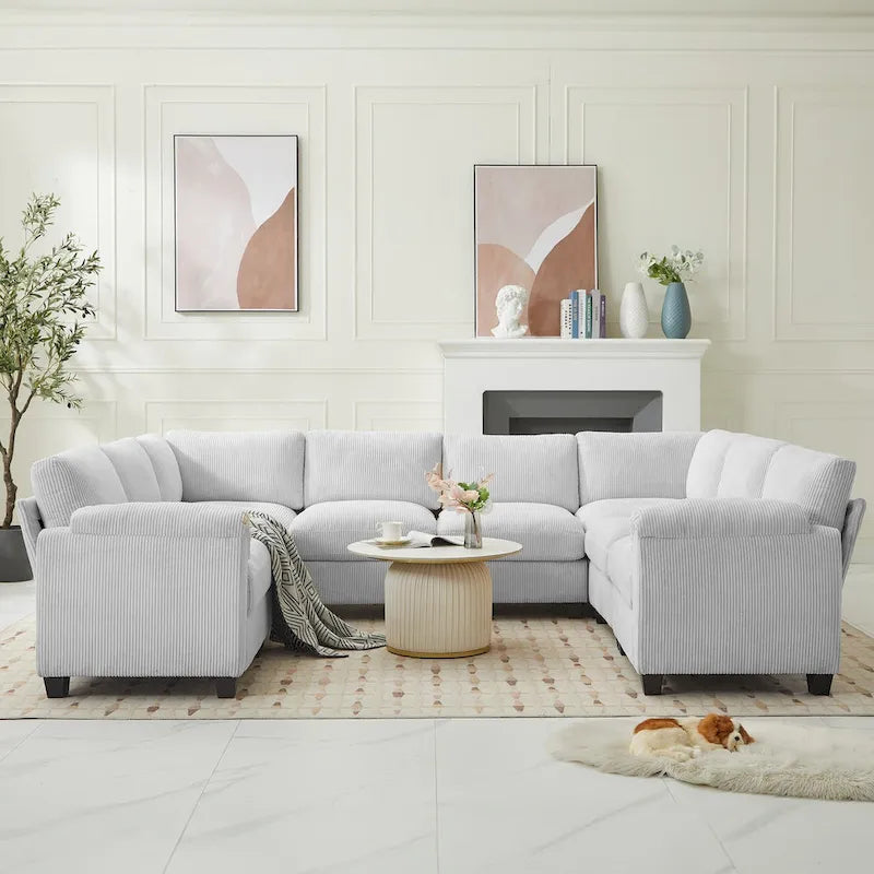 Corduroy Corner Sectional Sofas with Chaise, U-shaped Symmetrical 8-seat Modular Couch