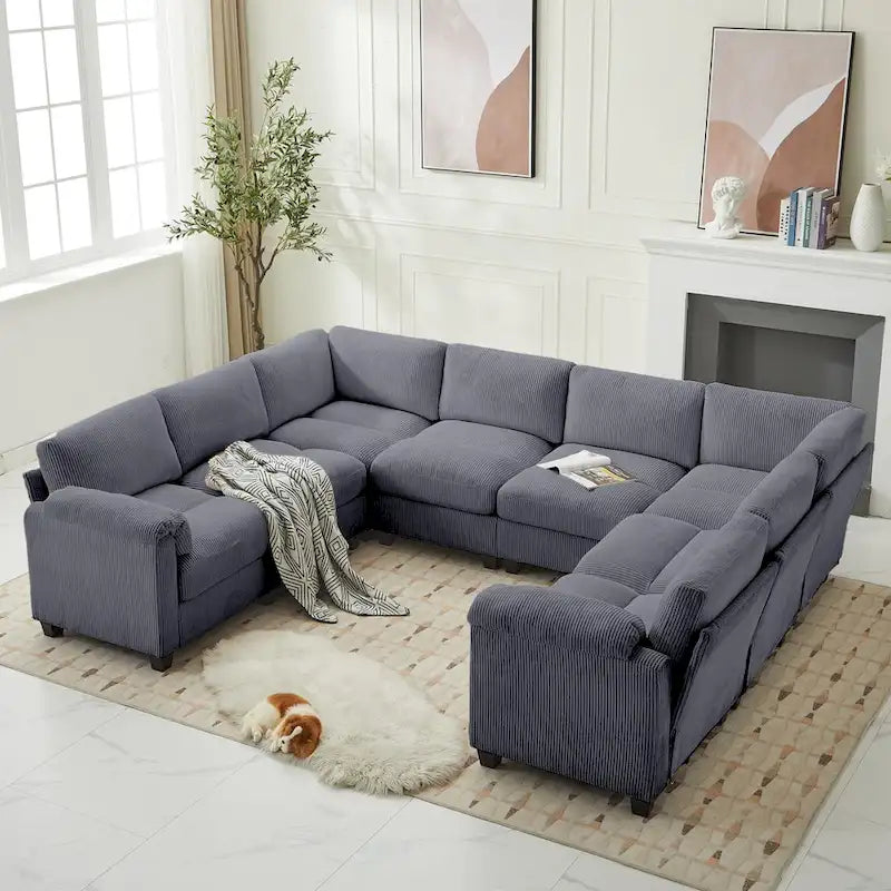 Corduroy Corner Sectional Sofas with Chaise, U-shaped Symmetrical 8-seat Modular Couch
