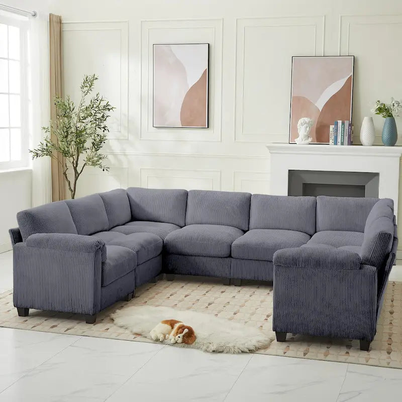 Corduroy Corner Sectional Sofas with Chaise, U-shaped Symmetrical 8-seat Modular Couch
