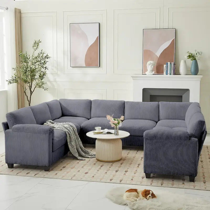 Corduroy Corner Sectional Sofas with Chaise, U-shaped Symmetrical 8-seat Modular Couch
