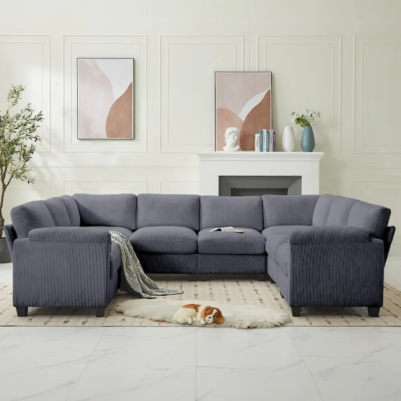Corduroy Corner Sectional Sofas with Chaise, U-shaped Symmetrical 8-seat Modular Couch