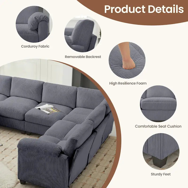Corduroy Corner Sectional Sofas with Chaise, U-shaped Symmetrical 8-seat Modular Couch