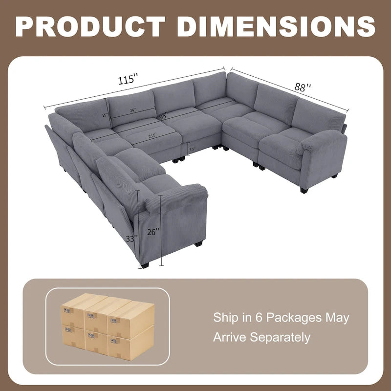 Corduroy Corner Sectional Sofas with Chaise, U-shaped Symmetrical 8-seat Modular Couch