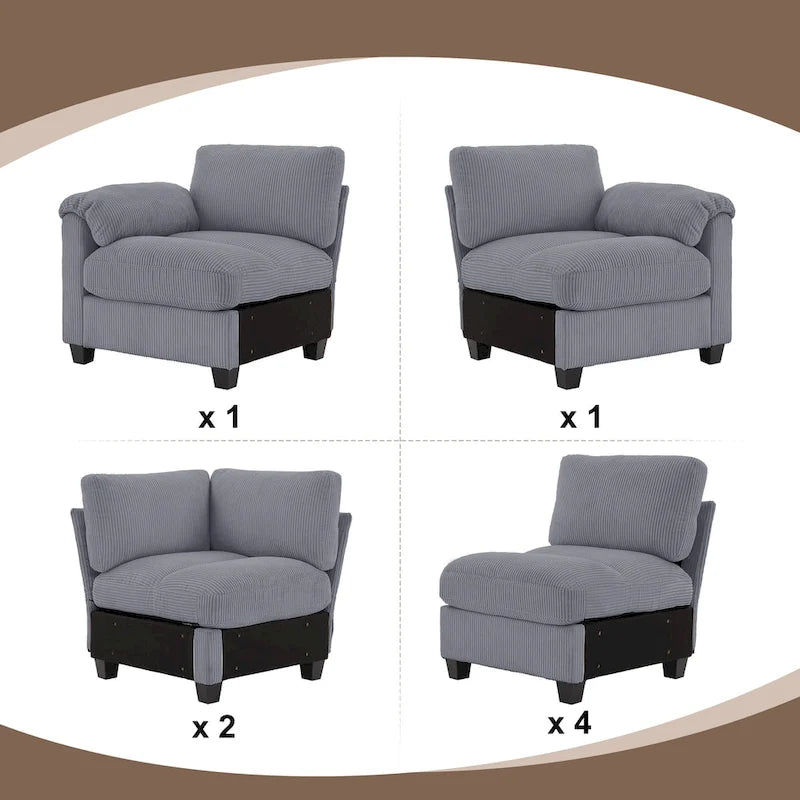 Corduroy Corner Sectional Sofas with Chaise, U-shaped Symmetrical 8-seat Modular Couch