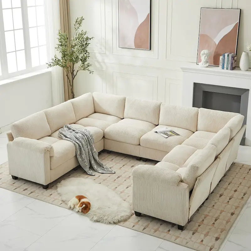 Corduroy Corner Sectional Sofas with Chaise, U-shaped Symmetrical 8-seat Modular Couch