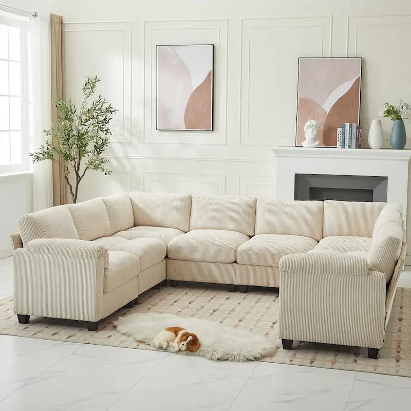 Corduroy Corner Sectional Sofas with Chaise, U-shaped Symmetrical 8-seat Modular Couch