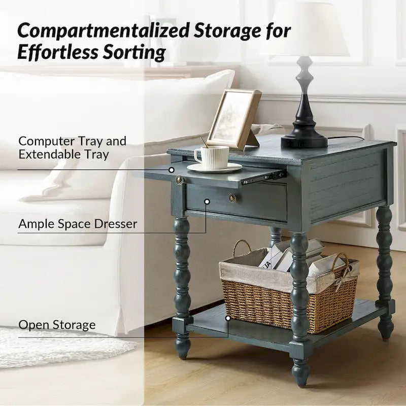 Traditional 26" Tall Solid Wood End Table with USB Charging