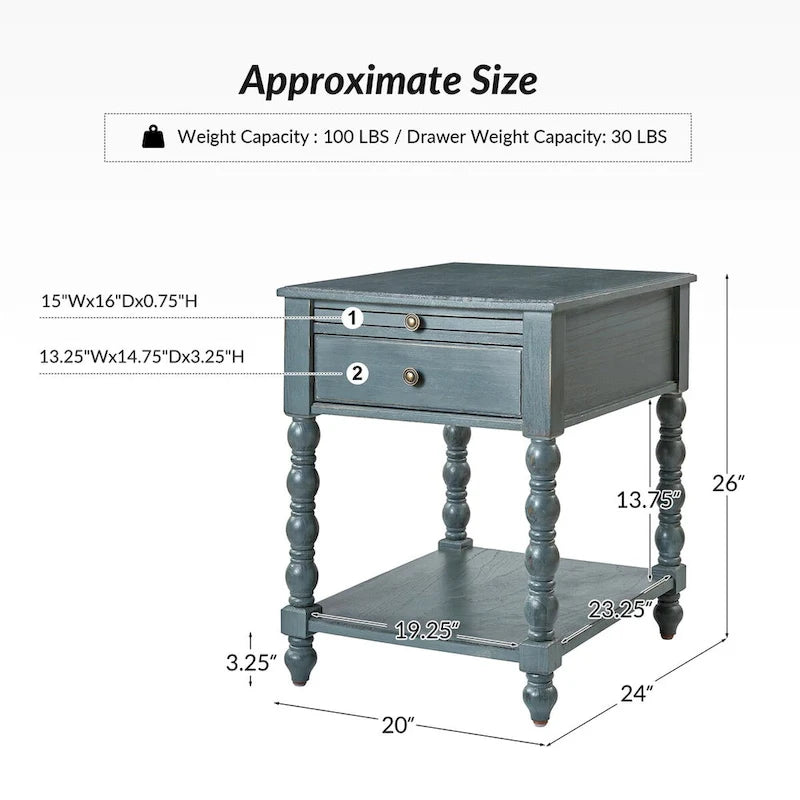 Traditional 26" Tall Solid Wood End Table with USB Charging