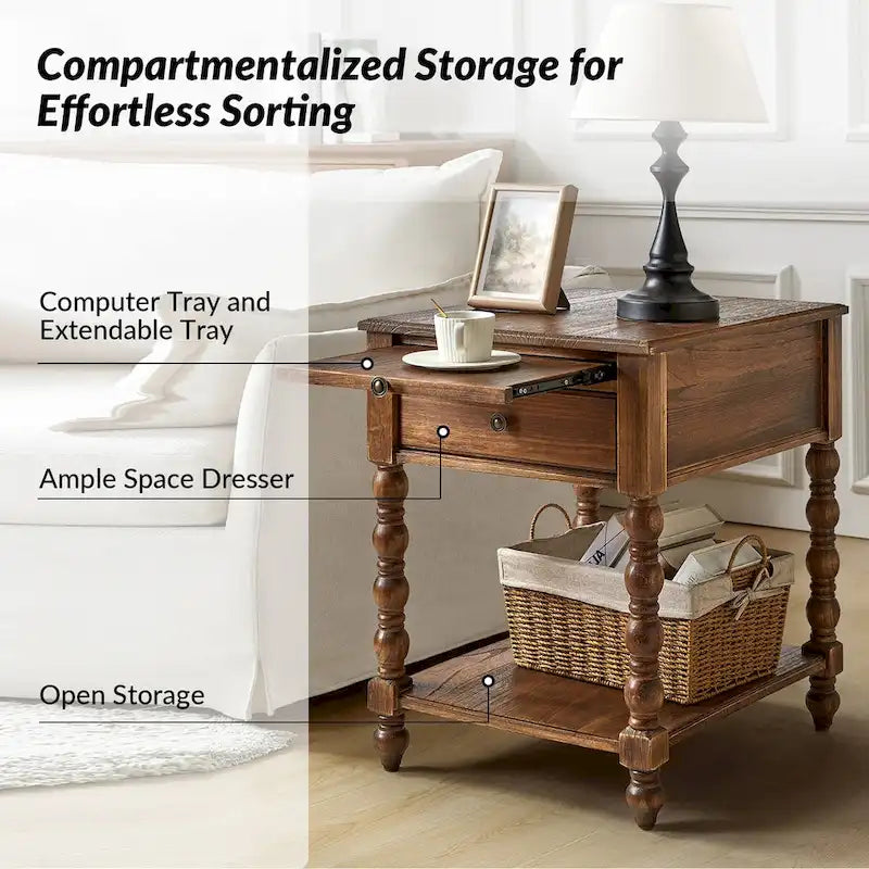 Traditional 26" Tall Solid Wood End Table with USB Charging