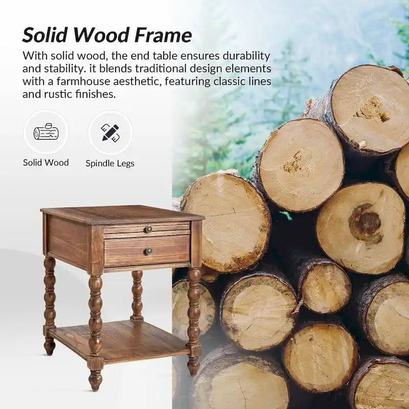 Traditional 26" Tall Solid Wood End Table with USB Charging