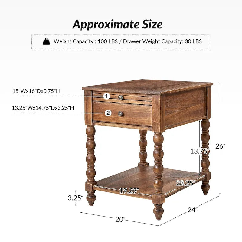 Traditional 26" Tall Solid Wood End Table with USB Charging