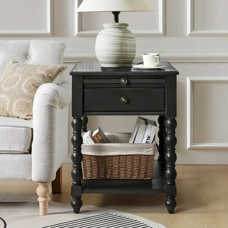 Traditional 26" Tall Solid Wood End Table with USB Charging