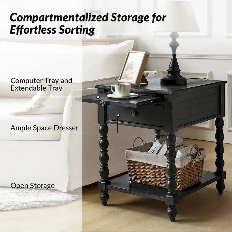 Traditional 26" Tall Solid Wood End Table with USB Charging