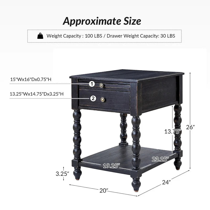 Traditional 26" Tall Solid Wood End Table with USB Charging