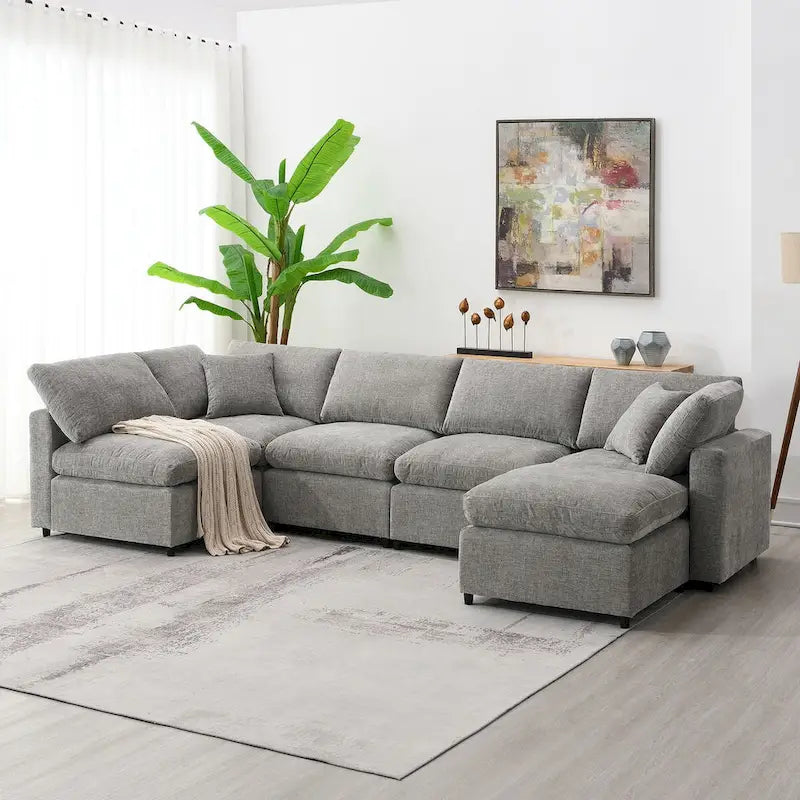 U-Shaped Modular Chenille Sectional Sleeper Sofa with Ottoman