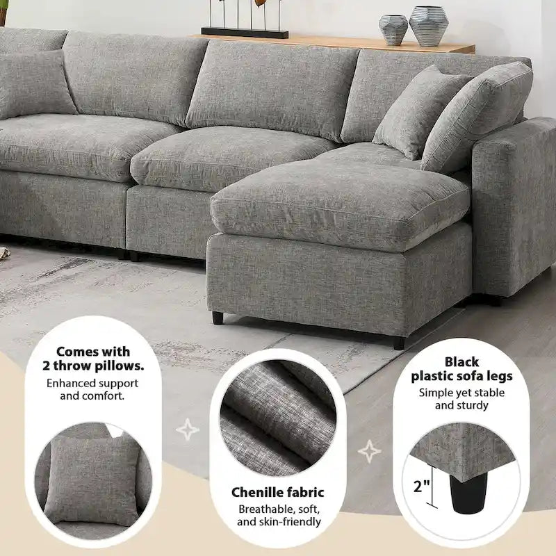 U-Shaped Modular Chenille Sectional Sleeper Sofa with Ottoman