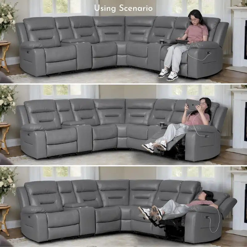 109 Power Reclining Sectional Couch, Modular Livingroom Recliner Sofa with 2 Storage Console & 4 Cup Holders